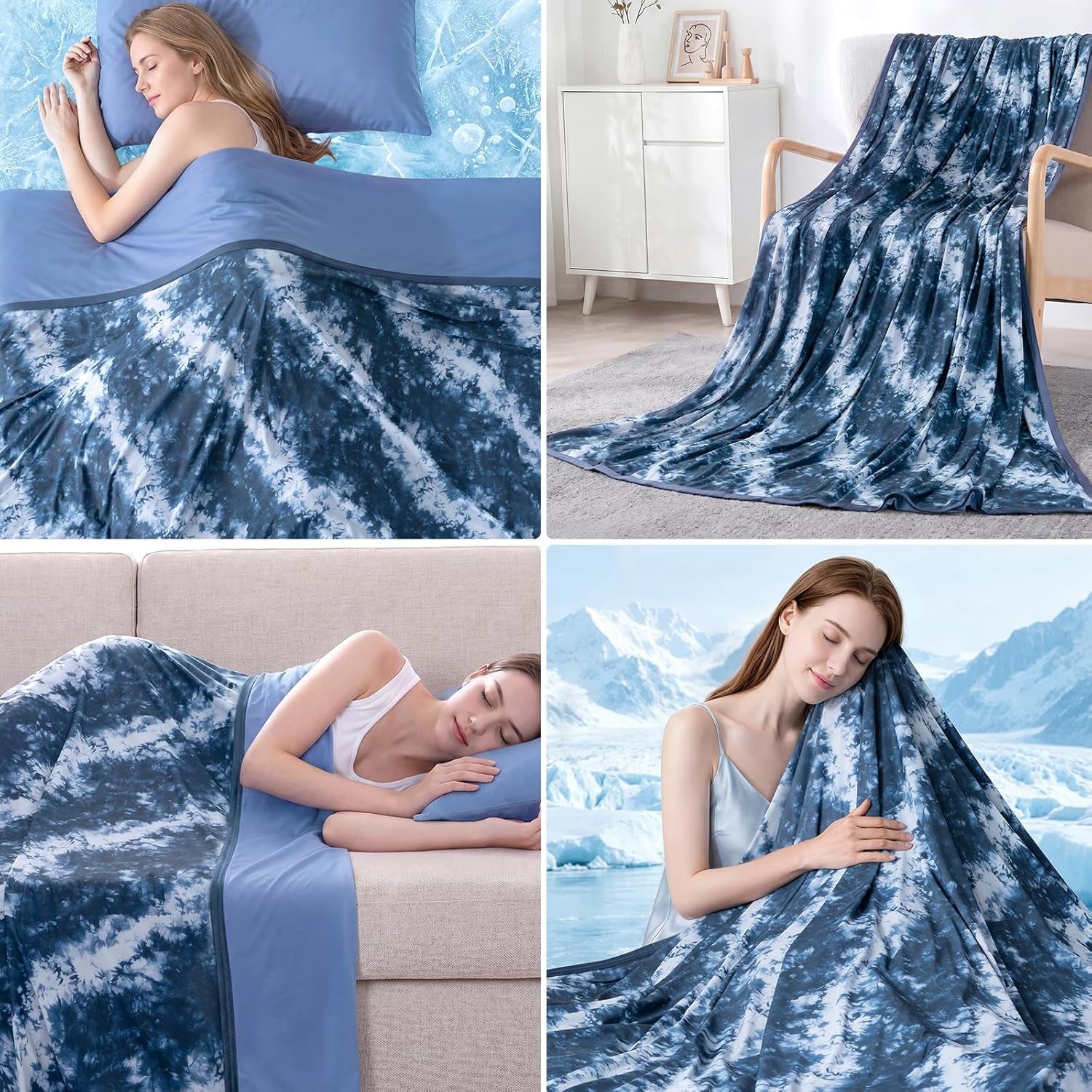 Cooling Blanket for Hot Sleepers Summer Throw Blanket Dark Blue Throw XL Size 50"X70" Q-Max>0.5 Reversible Lightweight Cold Blankets for Night Sweats Ice Bed Throw Blanket for Sleeping Bed Couch Sofa