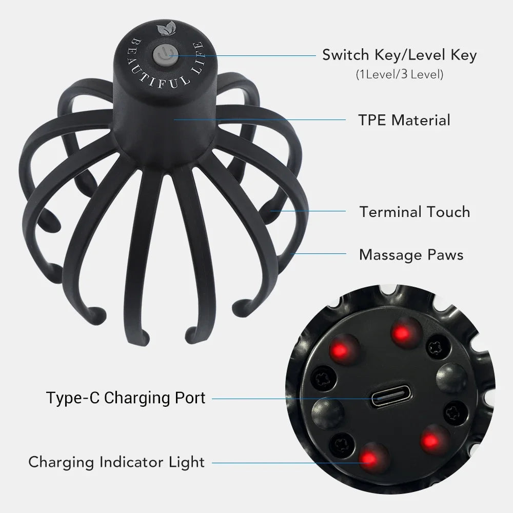 Electric Octopus Claw Scalp Massager Hands-Free 3 Level Head Massage LED Red Light 3D Wirelss Head Scratcher Massage Health Care