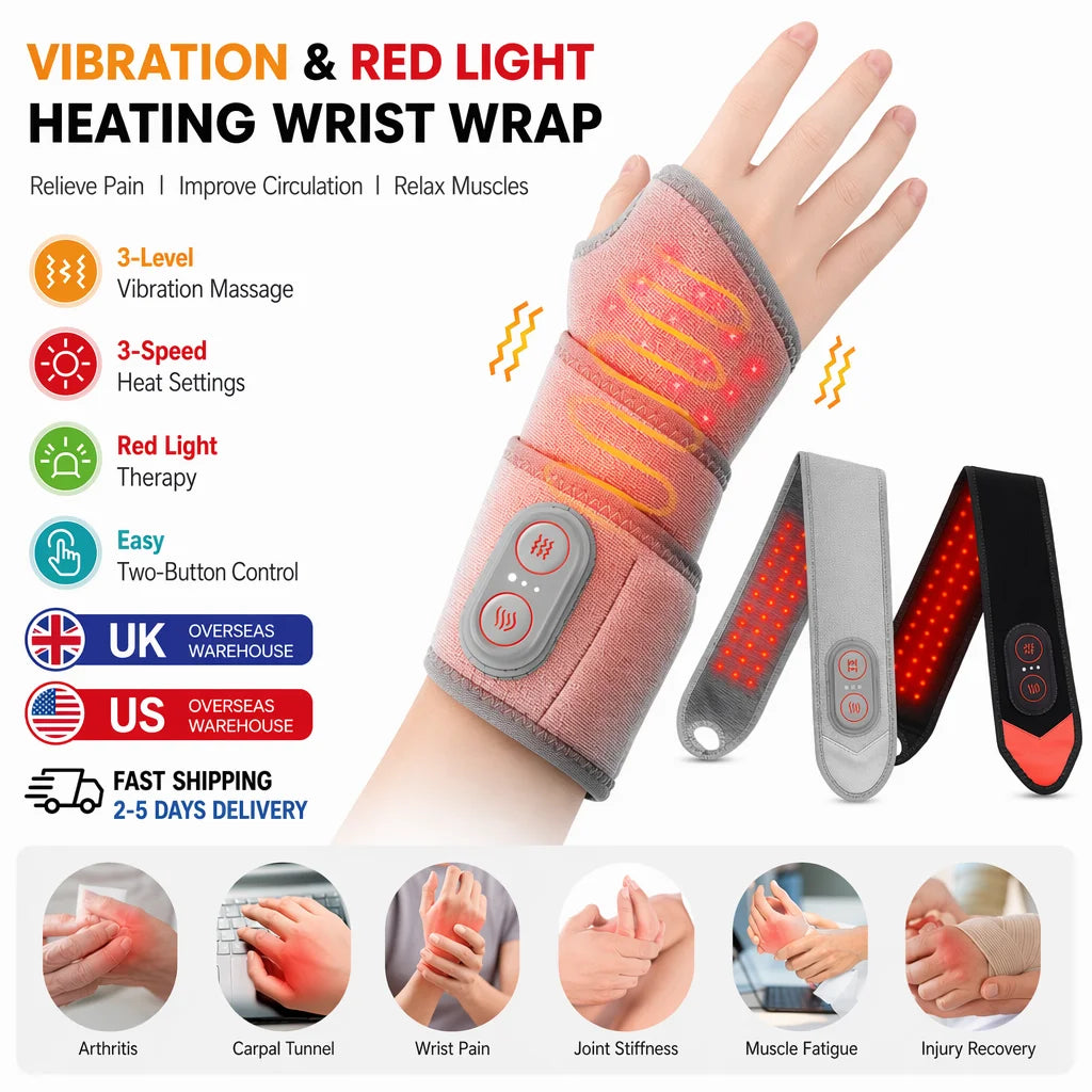 Red Light Therapy Wrist Massager 3000Mah Heated Vibration Brace for Carpal Tunnel Arthritis Pain Relief 36 Triple-Chip 660Nm LED