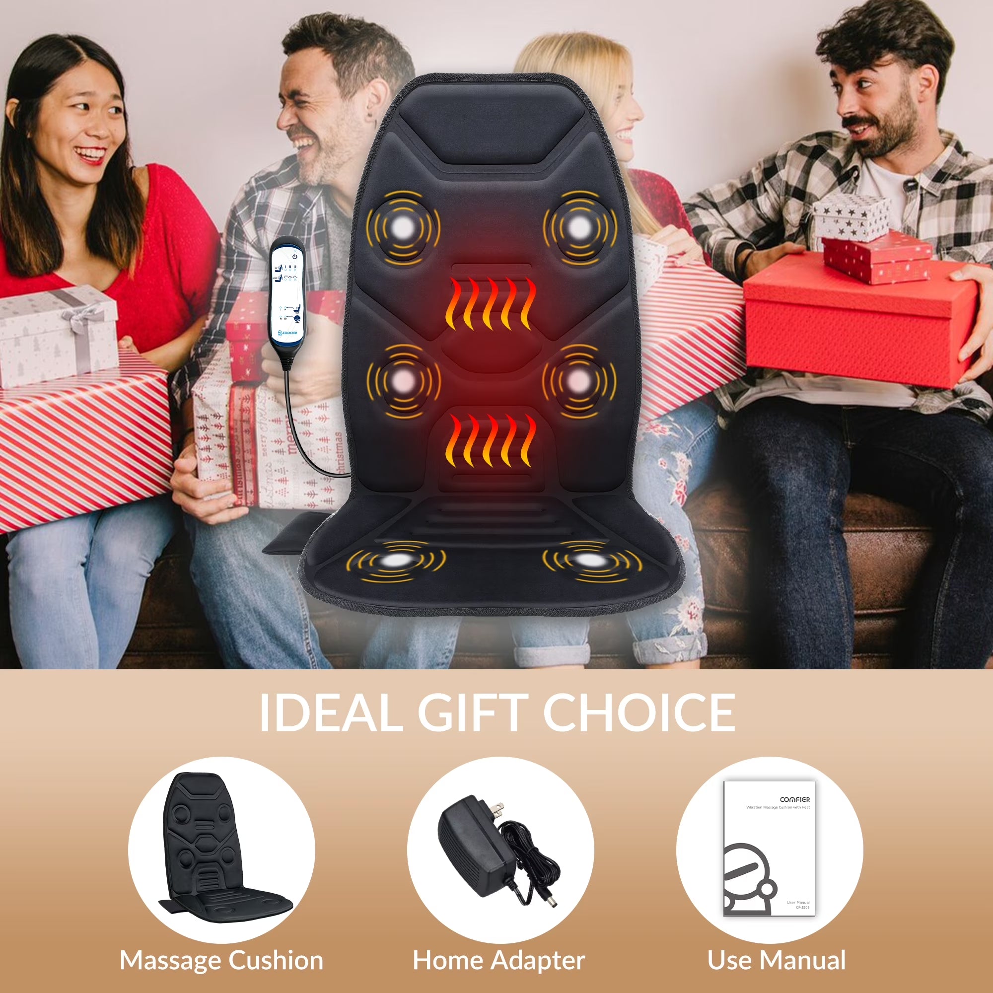 Heated Massage Seat Cushion, Back Massager with Vibration, Massage Pad for Chair, Gift