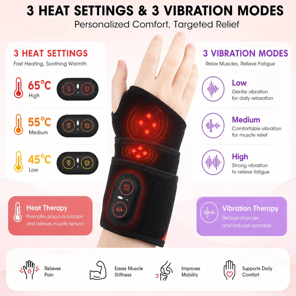 Red Light Therapy Wrist Massager 3000Mah Heated Vibration Brace for Carpal Tunnel Arthritis Pain Relief 36 Triple-Chip 660Nm LED