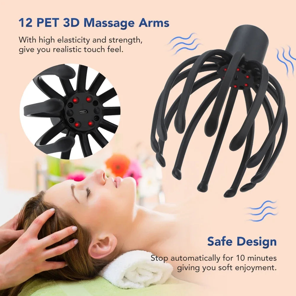 Electric Octopus Claw Scalp Massager Hands-Free 3 Level Head Massage LED Red Light 3D Wirelss Head Scratcher Massage Health Care
