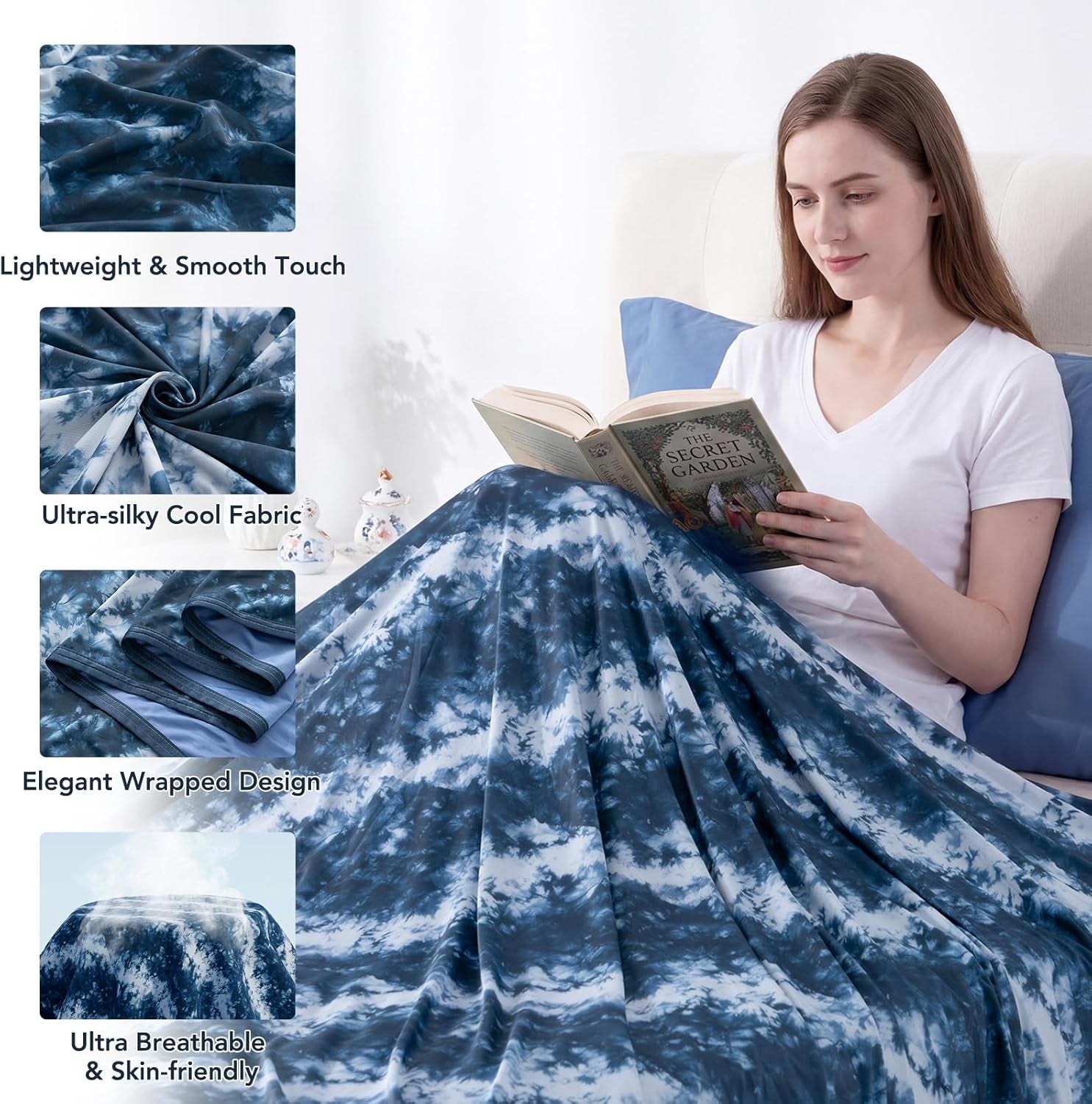 Cooling Blanket for Hot Sleepers Summer Throw Blanket Dark Blue Throw XL Size 50"X70" Q-Max>0.5 Reversible Lightweight Cold Blankets for Night Sweats Ice Bed Throw Blanket for Sleeping Bed Couch Sofa